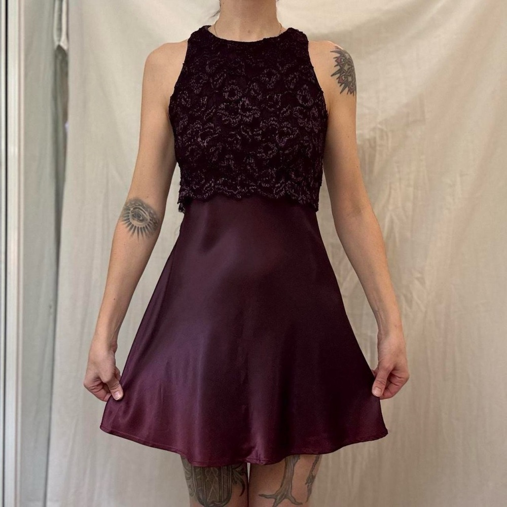 Purple Lace Sparkly Bodice and Satin Skirt Mini Dress Vintage 90s Ballerina Goth